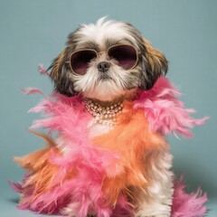 International Dog Day concept: Shih Tzu puppy as celebrity wearing feather boa and sunglasses, paparazzi taking photos, funny and cute, pet holiday social media post