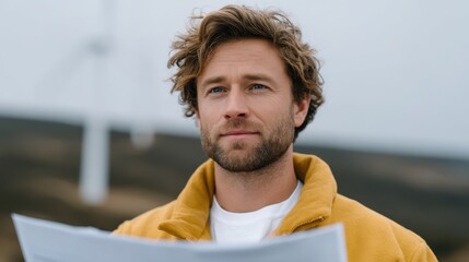 Fototapeta premium A young man in a yellow jacket stands outdoors, gazing thoughtfully at a map, with wind turbines in the background, embodying a sense of adventure and exploration.