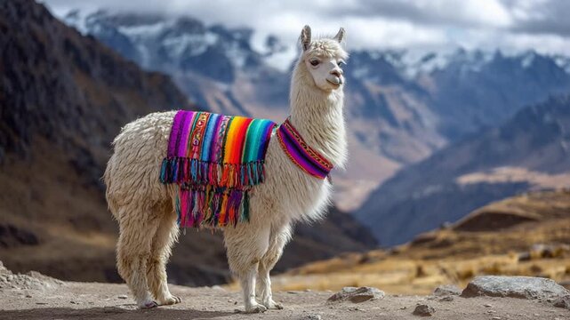 White llama adorned with vibrant Andean textiles in a mountainous landscape