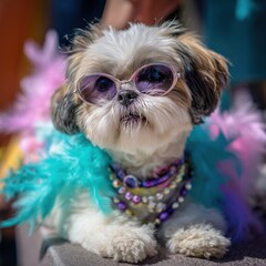 International Dog Day concept: Shih Tzu puppy as celebrity wearing feather boa and sunglasses, paparazzi taking photos, funny and cute, pet holiday social media post