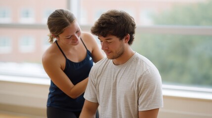 Fototapeta premium A young woman assists a man in practicing relaxation techniques in a bright, serene indoor space, emphasizing wellness and mental health in a supportive environment.