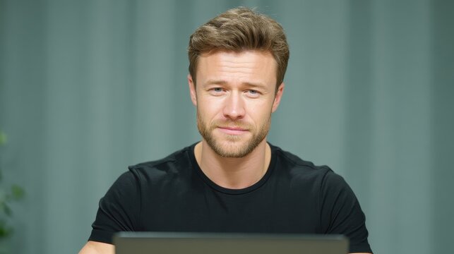 A young professional man working at a laptop, looking focused and engaged. The modern workspace creates an inspiring atmosphere for productivity and creativity.