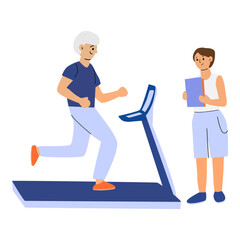 Elderly caucasian male running on treadmill with young female trainer observing.