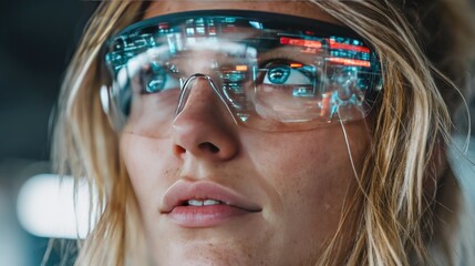 Futuristic safety goggles with vibrant AR interface and glowing holographic data overlays amid light-capturing strands on soft-focus industrial backdrop, ideal for high-tech industry innovation.