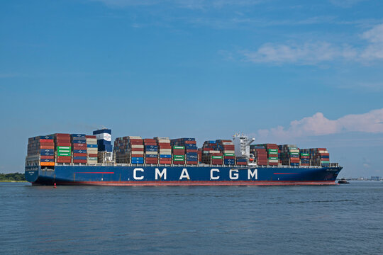 The Suezmax-class container ship CMA CGM A. Lincoln sails into Charleston Harbor, SC, USA on August 16, 2025.
