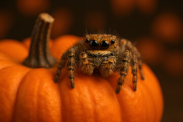 Cute Spider on Pumpkin - A Halloween Spider Resting on a Pumpkin, Surrounded by Autumn Atmosphere