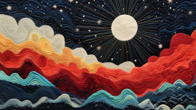 Aerial view of a vibrant, quilted landscape with swirling patterns, capturing a celestial scene. Ideal for a creative video backdrop. Live desktop wallpaper.