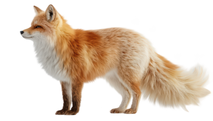 Side profile of a majestic red fox with fluffy fur, long tail