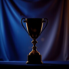 파란 커튼 앞 그림자로 어둡게 놓인 트로피a trophy with a shadow in front of the blue curtain
