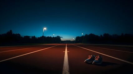 Obraz premium 어두운 밤 운동장 러닝 트랙 위 운동화Sneakers on the dark night playground running track