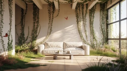 Obraz premium A serene indoor space featuring a cozy sofa surrounded by lush greenery and vines, creating a calming and natural atmosphere.