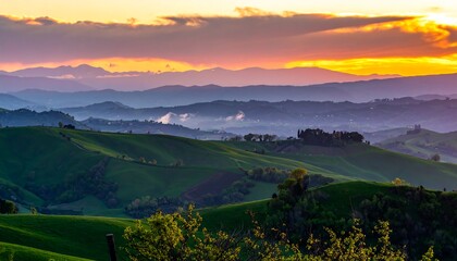 A sweeping vista of rolling hills at sunrise, showcasing vibrant colors and lush greenery.