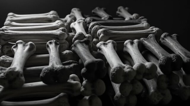 An abstract arrangement of animal bones, showcasing texture and shadow.