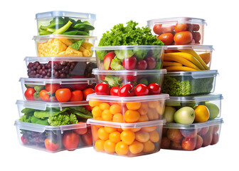 Stack of clear plastic food storage containers filled with fresh fruits and vegetables isolated on a transparent background