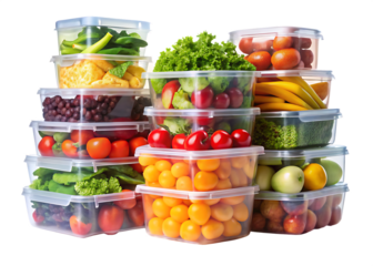 Stack of clear plastic food storage containers filled with fresh fruits and vegetables isolated on a transparent background