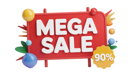 Mega sale sign with 90 percent discount isolated on transparent background