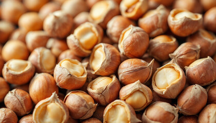 Obraz premium Close-up of fresh hazelnuts in shells highlighting texture and organic freshness.