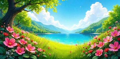 Naklejka premium Vibrant summer scene bursting with colorful flowers, lush greenery, and a sunny sky Perfect for travel, vacation, or summer themed projects , petals, cheerful