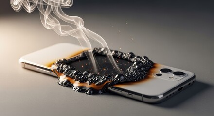 A modern smartphone with a scorched melted casing emitting smoke on a neutral background illustrating the concept of unexpected device overheating and safety risks related to