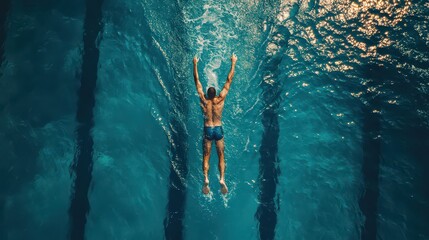 Aerial view of a swimmer with arms raised in a pool with lane markers and sparkling water surface