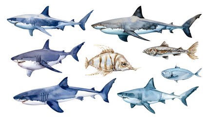 Cute watercolor painting style illustration of Shark, isolated on white background