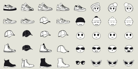 Variety of fashion items including shoes hats and faces with accessories