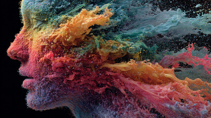 Conceptual abstract symbolism colorful splash paint face profile artistic creative expression