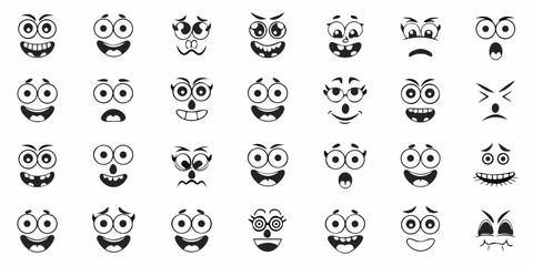 Cartoon Faces with Different Expressions Vector Illustration Black and White