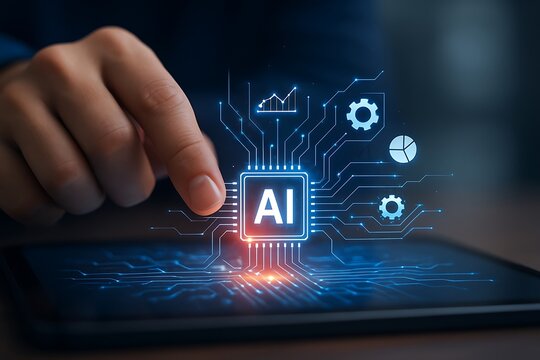 Human hand interacting with artificial intelligence interface on a digital tablet screen display - Powered by Adobe
