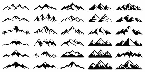 Naklejka premium Collection of Mountain Silhouettes Simple Black and White Mountain Range Icons