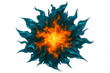 Abstract fire explosion with turquoise and orange flames creating a visually stunning effect on transparent background