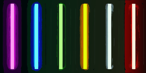 Six Colorful Energy Blades or Lightsabers in a Row on Dark Background