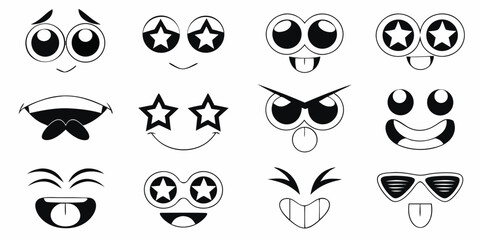 Collection of cartoon face expressions in black and white line art