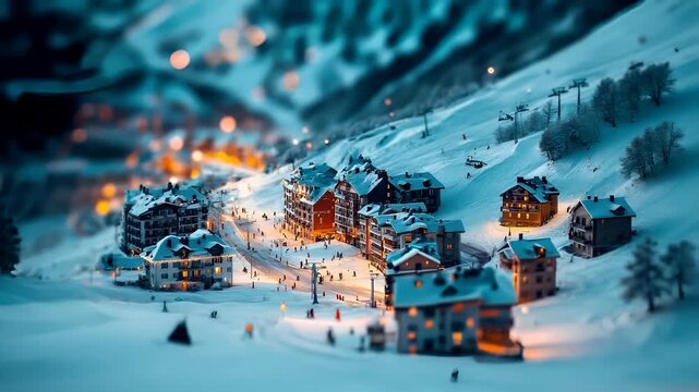 Aerial view of a snowcovered ski resort during twilight, with lights illuminating the buildings and streets. The scene is set against a backdrop of a mountainous terrain and a body of water.