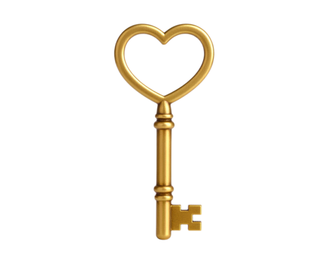 A heart shaped gold key placed vertically isolated on a transparent background.