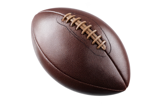 Detailed view of a brown leather football with laces against a black background - Powered by Adobe