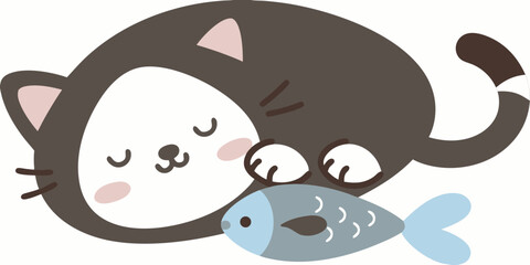 Cute Cartoon Cat Eating Fish