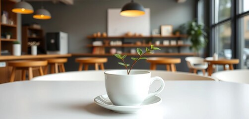 Simple white cup, minimalist coffee shop interior, single plant,  space,  background