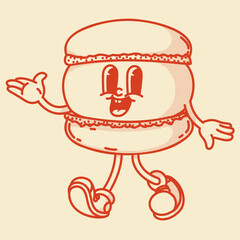 Happy retro mascot french sweet macaroon character, smiling, hand up. Menu, homemade bakery symbol