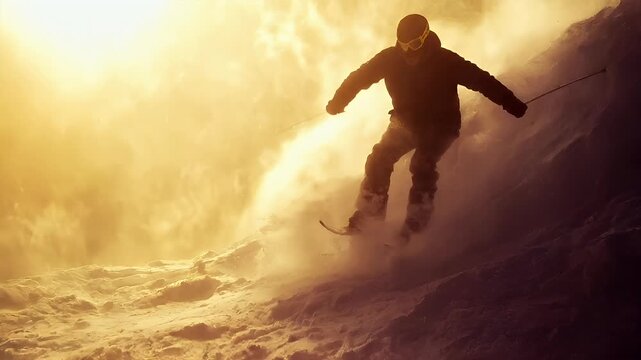 A silhouette of a snowboarder riding a wave during sunset. The style is cinematic, with a focus on capturing the essence of the moment rather than intricate details.