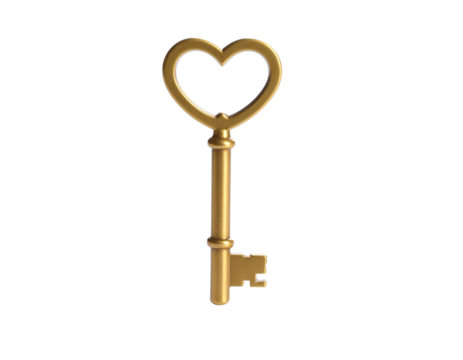 A heart shaped gold key placed vertically isolated on a transparent background.