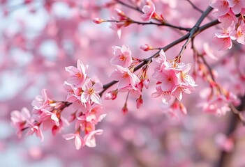 Obraz premium Soft pink cherry blossoms falling on pastel background, illustration art, light pink