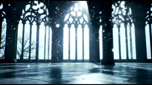 Ethereal Gothic Hall Interior with Ornate Windows and Bright Winter Light Falling Snow Dust Particles Dance in Sunbeams Reflecting on Polished Floor