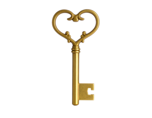 A heart shaped gold key placed vertically isolated on a transparent background.