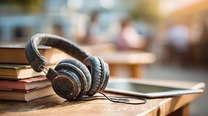 Back to school study scene with headphones resting on stacked books and tablet on wooden desk in warm sunlight symbolizing modern learning