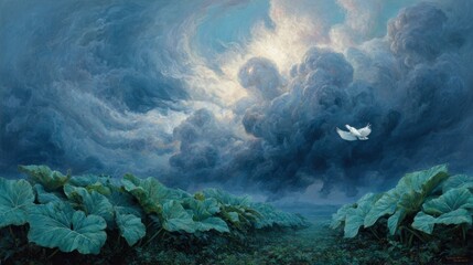 Stormy sky, white bird, lush plants