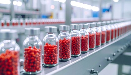 Pharmaceutical vials filled with bright red pills move along a clean, modern production line.