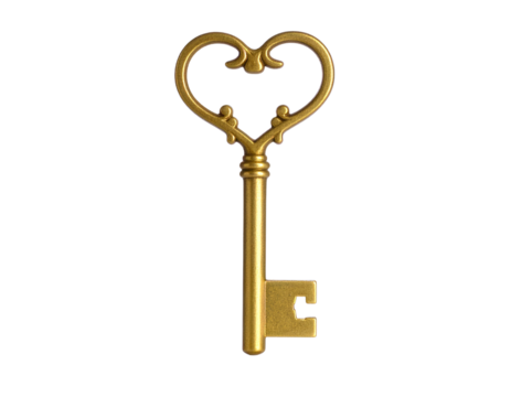 A heart shaped gold key placed vertically isolated on a transparent background.