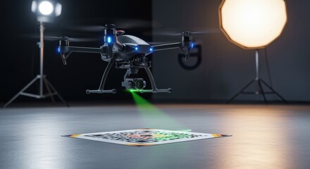 Slowmotion capture of a drone scanning AR tracking marker floor applique during an indoor AR test flight in a controlled studio setup.