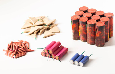 Set of different types of firecrackers and circoblits on a white background. Fireworks Explosion Safety